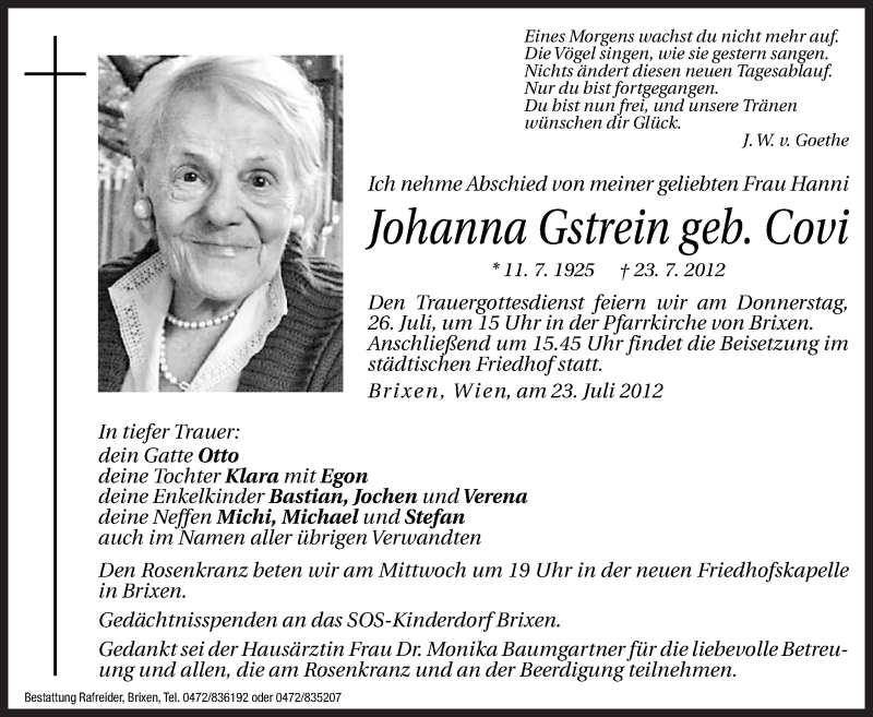  Traueranzeige für Johanna Gstrein vom 24.07.2012 aus Dolomiten