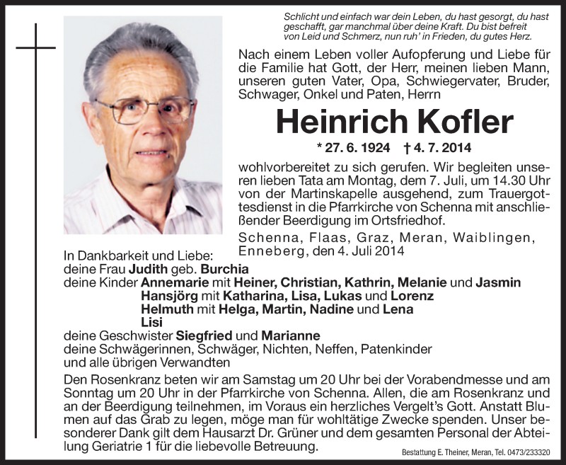  Traueranzeige für Heinrich Kofler vom 05.07.2014 aus Dolomiten