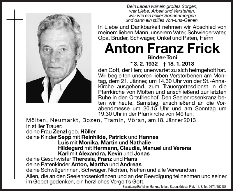  Traueranzeige für Anton Franz Frick vom 19.01.2013 aus Dolomiten