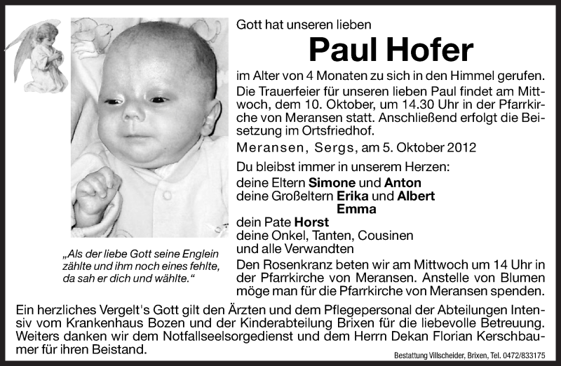  Traueranzeige für Paul Hofer vom 10.10.2012 aus Dolomiten