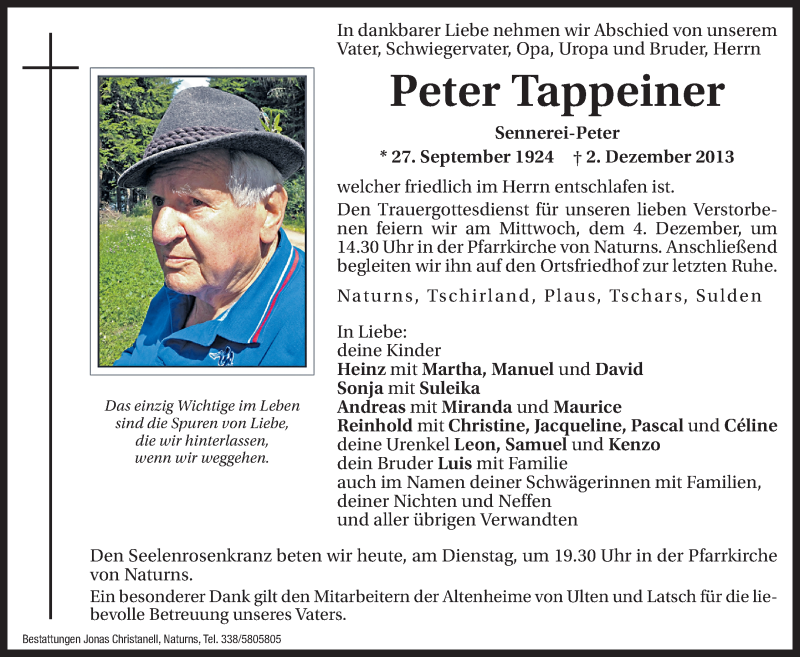  Traueranzeige für Peter Tappeiner vom 03.12.2013 aus Dolomiten