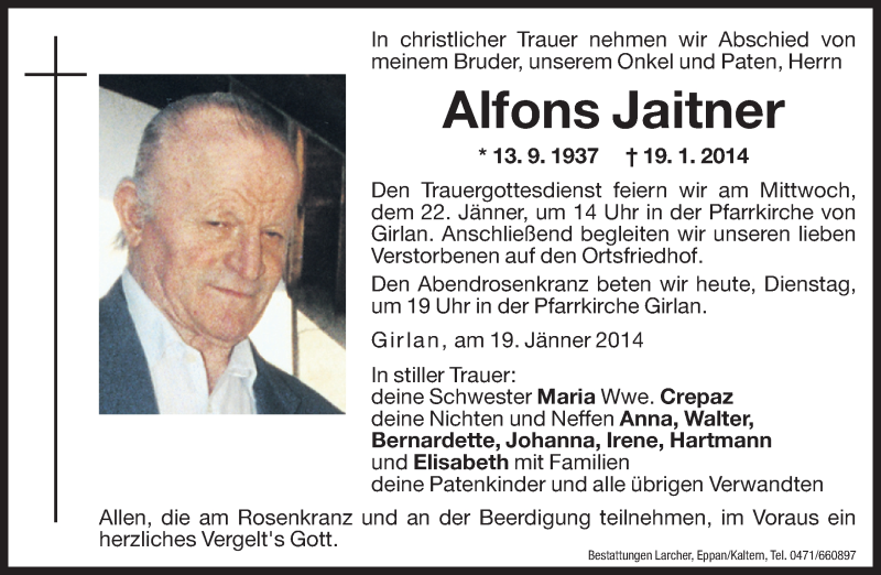  Traueranzeige für Alfons Jaitner vom 21.01.2014 aus Dolomiten