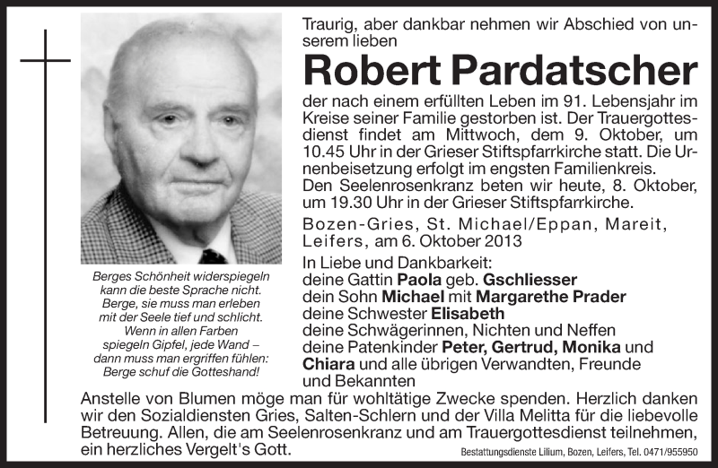  Traueranzeige für Robert Pardatscher vom 08.10.2013 aus Dolomiten