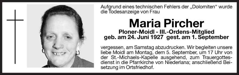  Traueranzeige für Maria Pircher vom 05.09.2011 aus Dolomiten