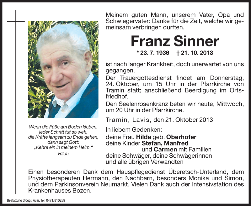  Traueranzeige für Franz Sinner vom 23.10.2013 aus Dolomiten