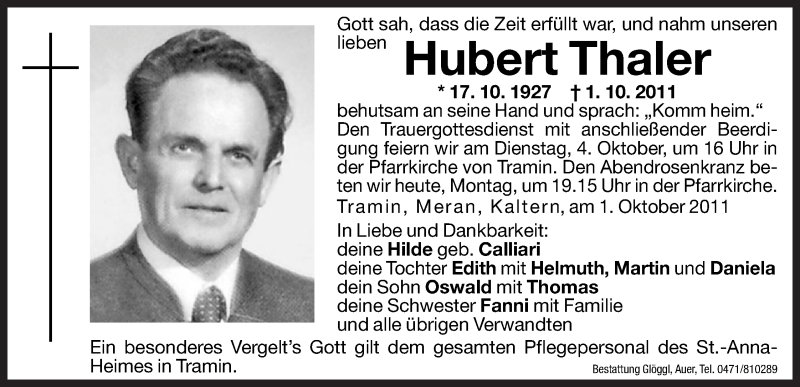  Traueranzeige für Hubert Thaler vom 03.10.2011 aus Dolomiten