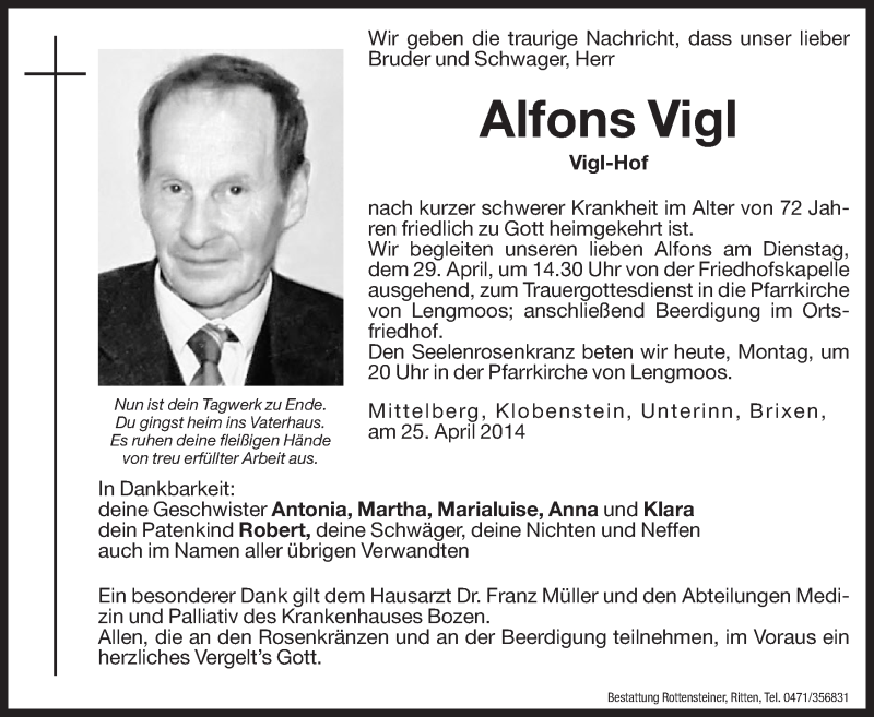  Traueranzeige für Alfons Vigl vom 28.04.2014 aus Dolomiten