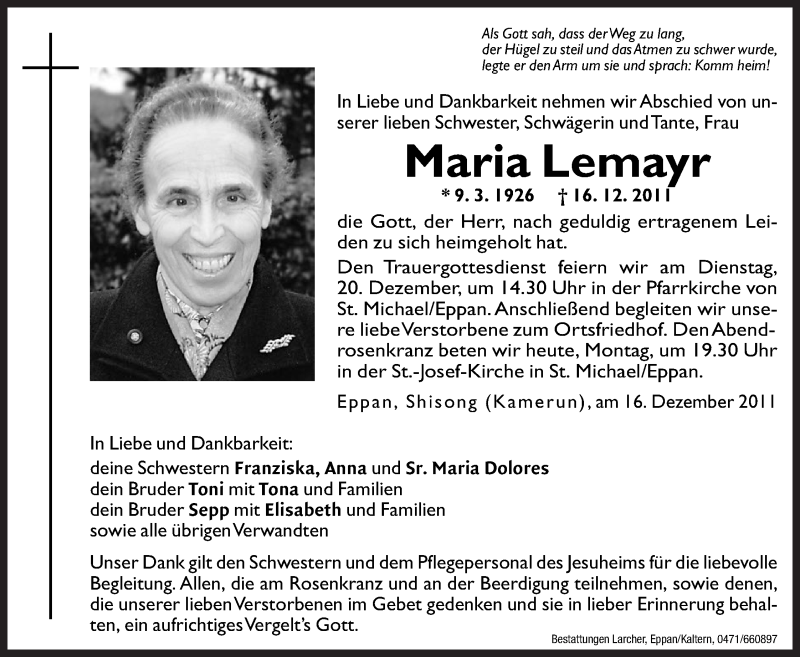  Traueranzeige für Maria Lemayr vom 19.12.2011 aus Dolomiten