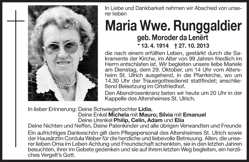  Traueranzeige für Maria Runggaldier vom 28.10.2013 aus Dolomiten