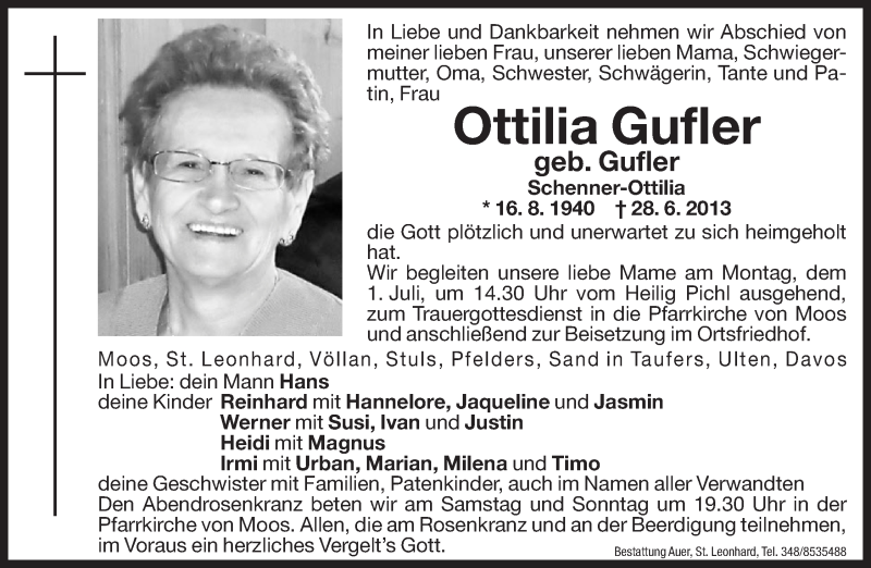  Traueranzeige für Ottilia Gufler vom 29.06.2013 aus Dolomiten