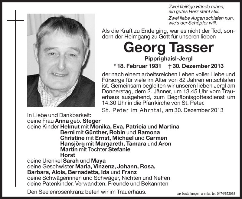  Traueranzeige für Georg Tasser vom 31.12.2013 aus Dolomiten