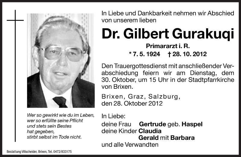  Traueranzeige für Gilbert Gurakuqi vom 29.10.2012 aus Dolomiten