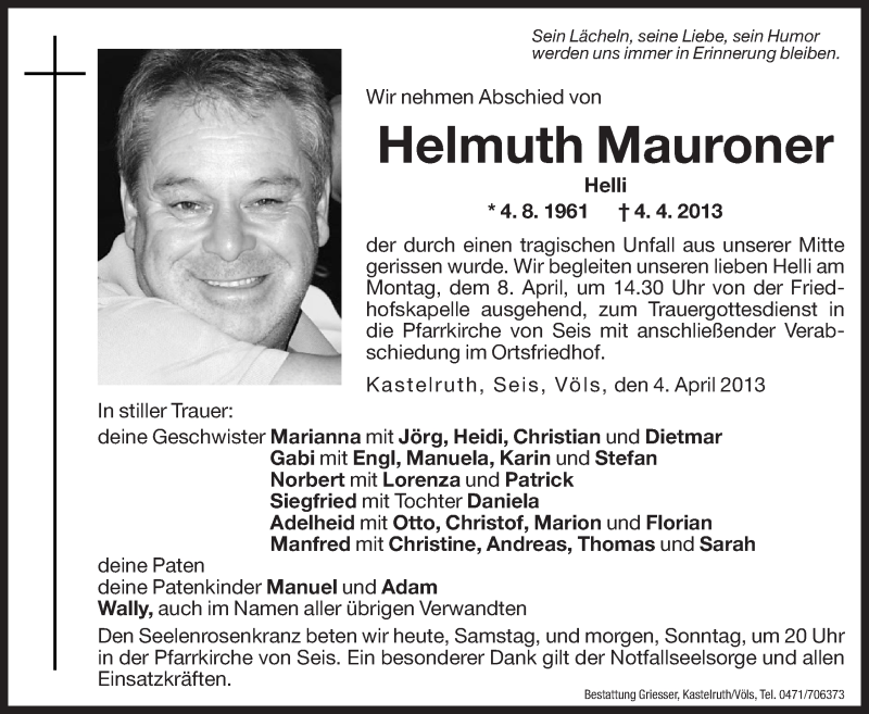  Traueranzeige für Helmuth Mauroner vom 06.04.2013 aus Dolomiten