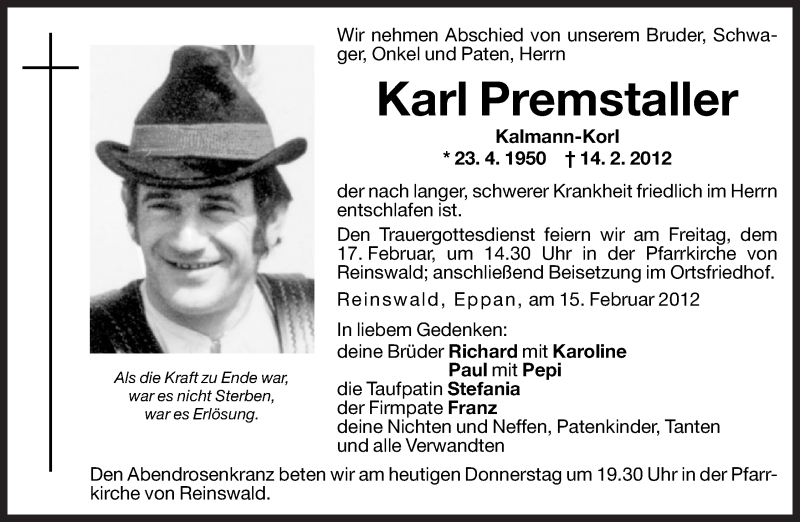  Traueranzeige für Karl Premstaller vom 16.02.2012 aus Dolomiten