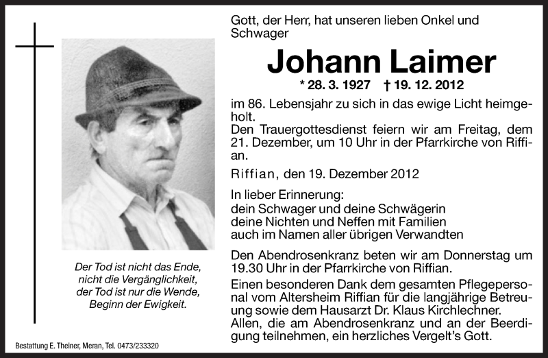  Traueranzeige für Johann Laimer vom 20.12.2012 aus Dolomiten