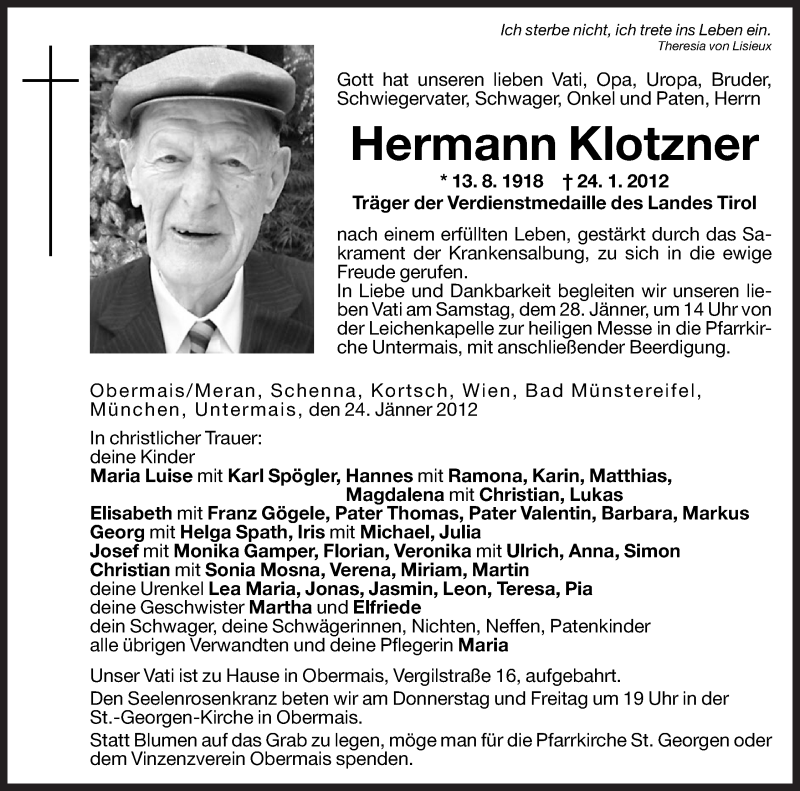  Traueranzeige für Hermann Klotzner vom 26.01.2012 aus Dolomiten
