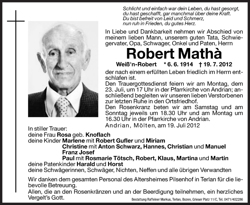  Traueranzeige für Robert Mathà vom 21.07.2012 aus Dolomiten