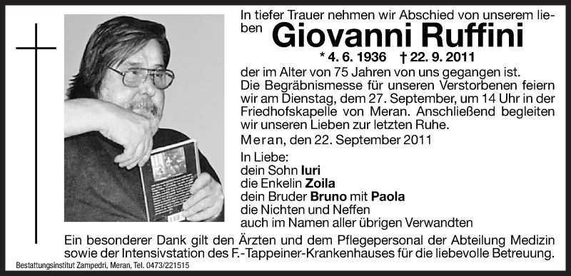  Traueranzeige für Giovanni Ruffini vom 24.09.2011 aus Dolomiten