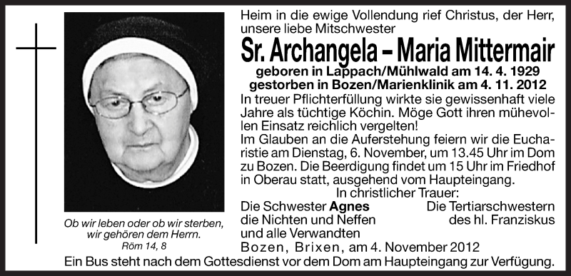  Traueranzeige für Archangela –Maria Mittermair vom 06.11.2012 aus Dolomiten