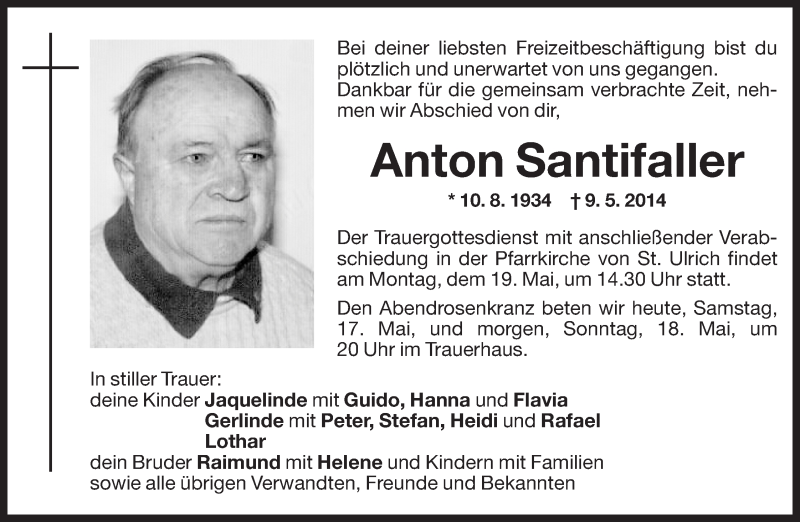  Traueranzeige für Anton Santifaller vom 17.05.2014 aus Dolomiten