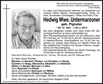 Traueranzeige von Hedwig Untermarzoner von Dolomiten