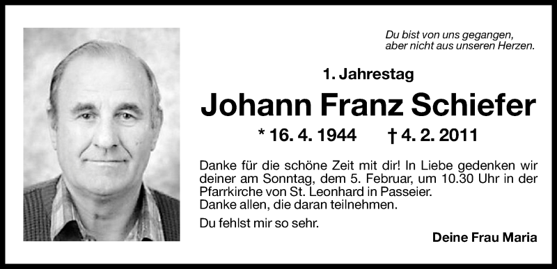  Traueranzeige für Johann Franz Schiefer vom 03.02.2012 aus Dolomiten