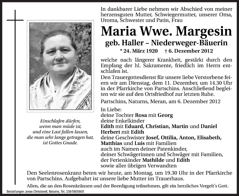  Traueranzeige für Maria Margesin vom 10.12.2012 aus Dolomiten