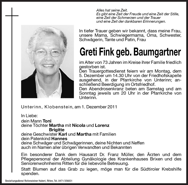  Traueranzeige für Greti Fink vom 02.12.2011 aus Dolomiten