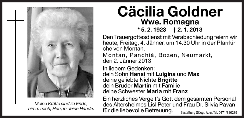  Traueranzeige für Cäcilia Romagna vom 04.01.2013 aus Dolomiten