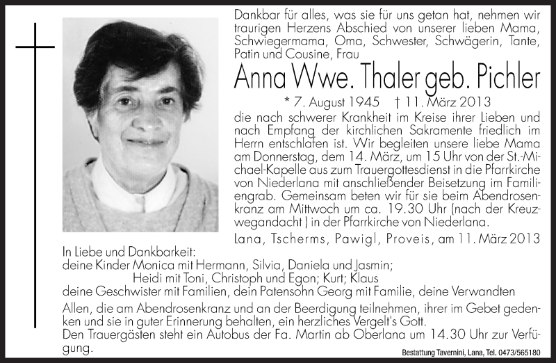  Traueranzeige für Anna Thaler vom 12.03.2013 aus Dolomiten