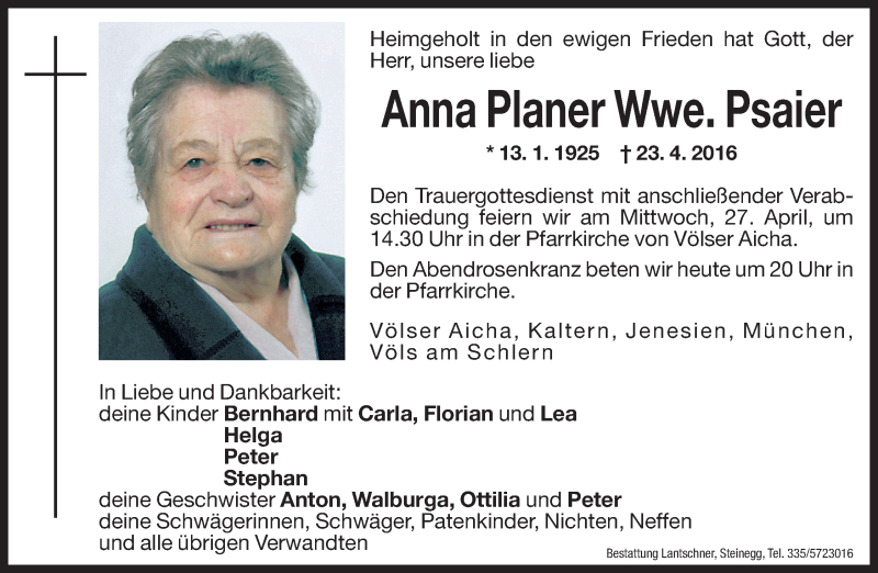  Traueranzeige für Anna Psaier vom 26.04.2016 aus Dolomiten