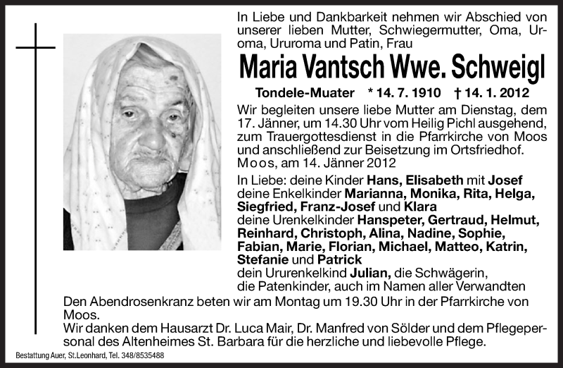  Traueranzeige für Maria Schweigl vom 16.01.2012 aus Dolomiten