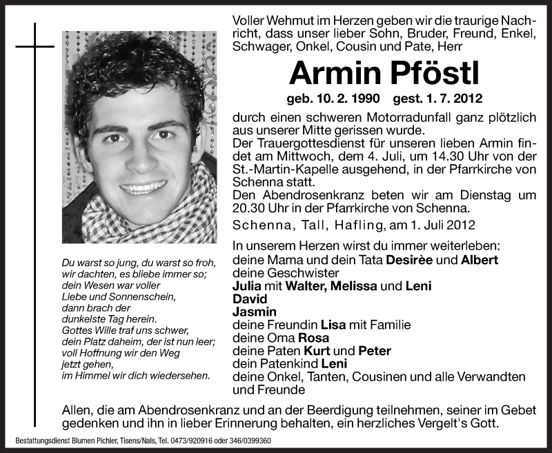  Traueranzeige für Armin Pföstl vom 03.07.2012 aus Dolomiten