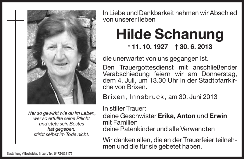  Traueranzeige für Hilde Schanung vom 04.07.2013 aus Dolomiten