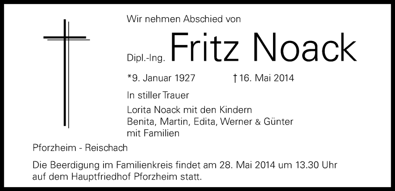  Traueranzeige für Fritz Noack vom 24.05.2014 aus Dolomiten