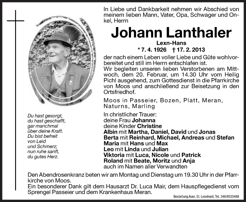  Traueranzeige für Johann Lanthaler vom 18.02.2013 aus Dolomiten