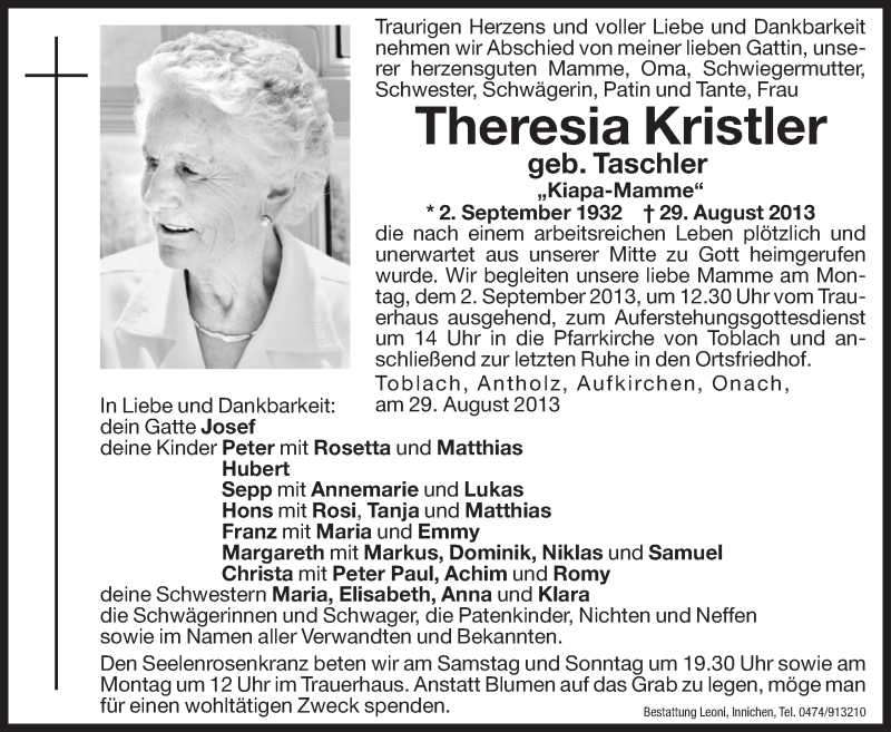  Traueranzeige für Theresia Kristler vom 31.08.2013 aus Dolomiten