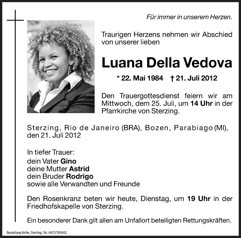  Traueranzeige für Luana Della Vedova vom 24.07.2012 aus Dolomiten