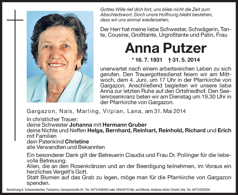  Traueranzeige für Anna Putzer vom 03.06.2014 aus Dolomiten