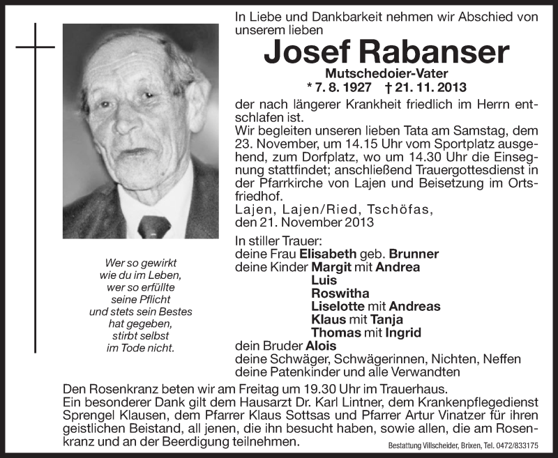  Traueranzeige für Josef Rabanser vom 22.11.2013 aus Dolomiten