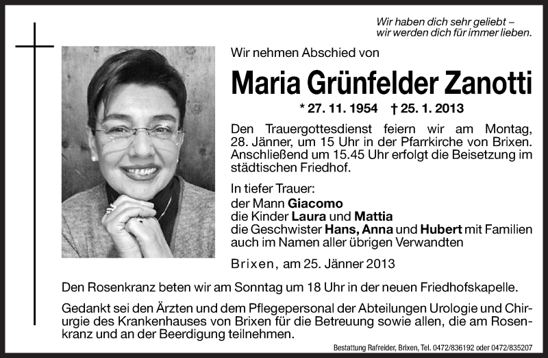  Traueranzeige für Maria Grünfelder Zanotti vom 26.01.2013 aus Dolomiten