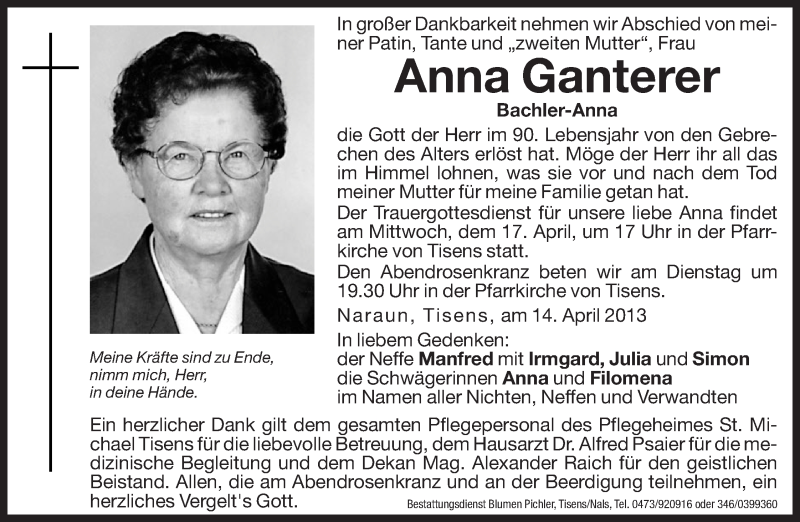  Traueranzeige für Anna Ganterer vom 16.04.2013 aus Dolomiten