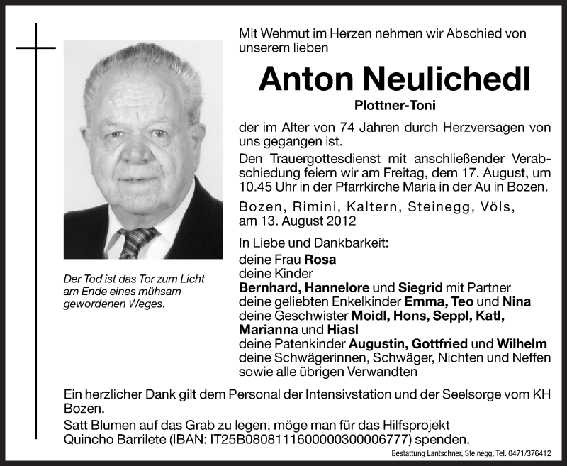  Traueranzeige für Anton Neulichedl vom 17.08.2012 aus Dolomiten