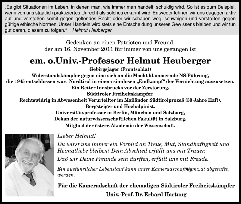  Traueranzeige für Helmut Heuberger vom 03.12.2011 aus Dolomiten