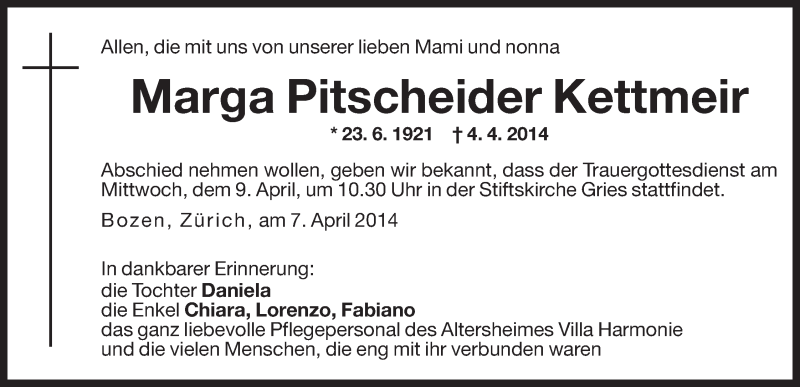  Traueranzeige für Marga Kettmeir vom 07.04.2014 aus Dolomiten