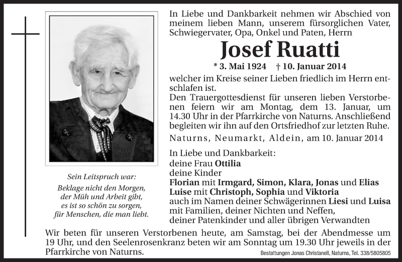  Traueranzeige für Josef Ruatti vom 11.01.2014 aus Dolomiten