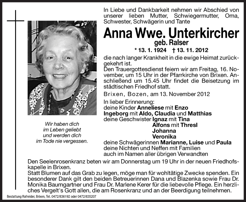  Traueranzeige für Anna Unterkircher vom 14.11.2012 aus Dolomiten