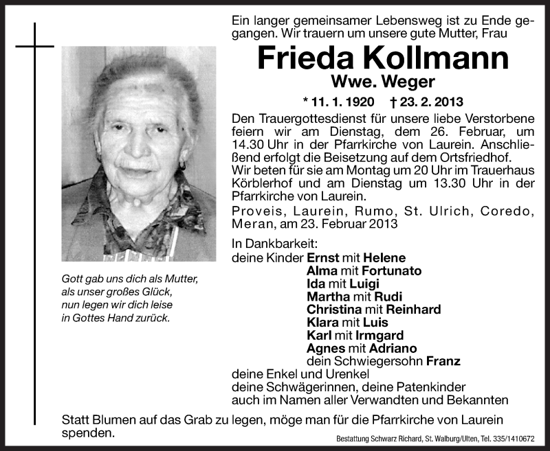  Traueranzeige für Frieda Weger vom 25.02.2013 aus Dolomiten