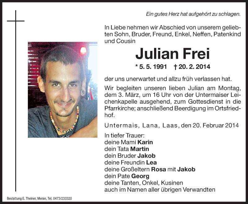  Traueranzeige für Julian Frei vom 03.03.2014 aus Dolomiten