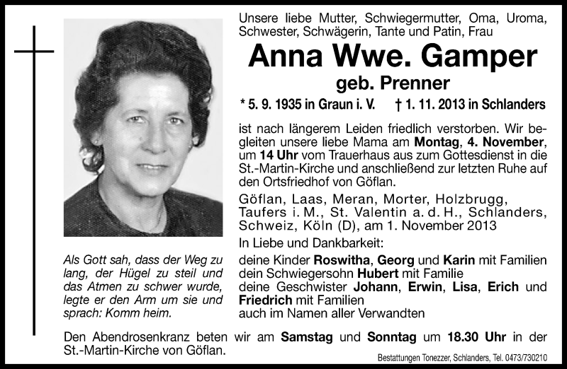  Traueranzeige für Anna Gamper vom 02.11.2013 aus Dolomiten